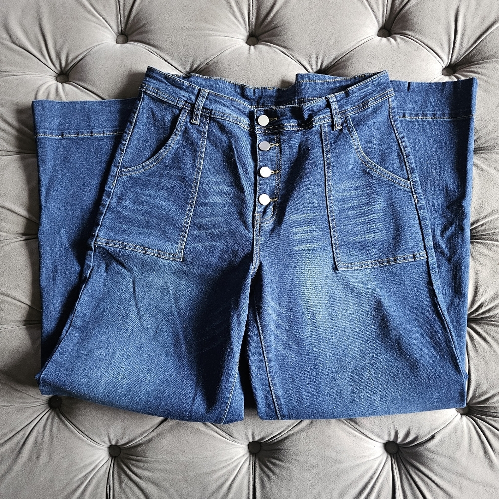 Wide Leg High Waisted Stretchy Jeans Dark Wash Sz XL - Picture 2 of 5